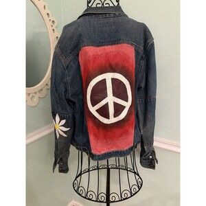 Vtg 90’s Calvin Klein Denim Jean Jacket Blue hippie SZ M Peace Daisy Painted‎